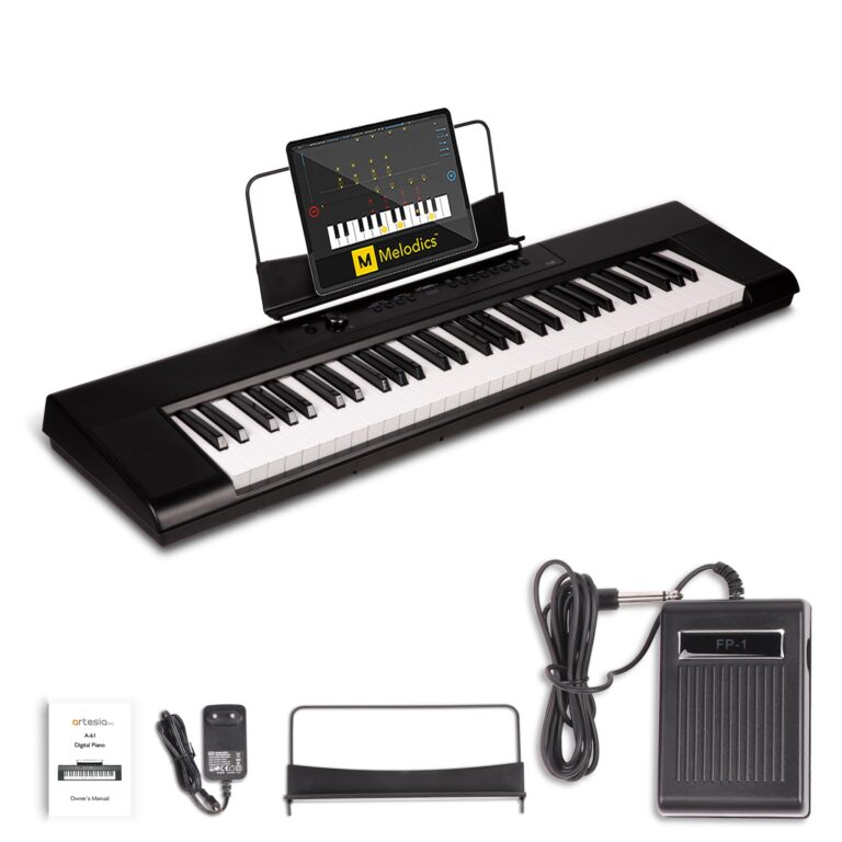 Artesia 61-Key Portable Digital Piano Keyboard with Full-Size Semi-Weighted Keys, Beginners Bundle with Sustain Pedal, Music Rack and Free Melodics Piano Lessons