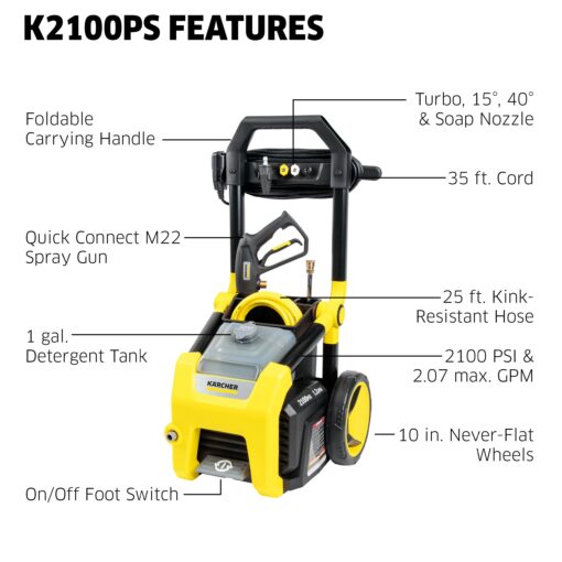 Kärcher Pressure Washer K2100PS, Max 2625 PSI, 3 Spray Nozzles, Detergent Tank, For Cars, Driveways, Siding, Patios, 2.07 max. GPM - Image 9