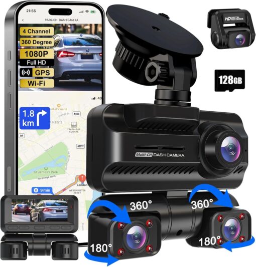 Dash Cam 4 Channel 360° Front Rear Inside DashCam, 4K Full HD Dashcam Car Camera, Built-in Wi-Fi GPS Dashcams, 3.18” IPS Screen, WDR Night Vision, 24H Parking Mode (Z7-4CH)
