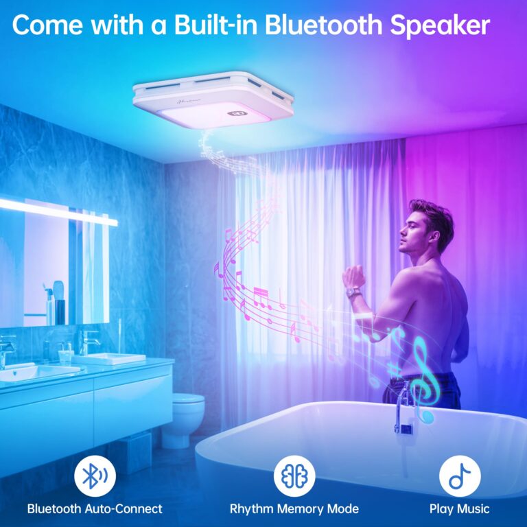 HAWKROWN Bathroom Exhaust Fan with Bluetooth Speaker, 230 CFM 1.0 Sone Bathroom Exhaust Fan with Light, 3 Dynamic Light, 7 LED Color, 3 Color Temperatures, Nightlight, Music Sync, Remote, Easy Install - Image 6
