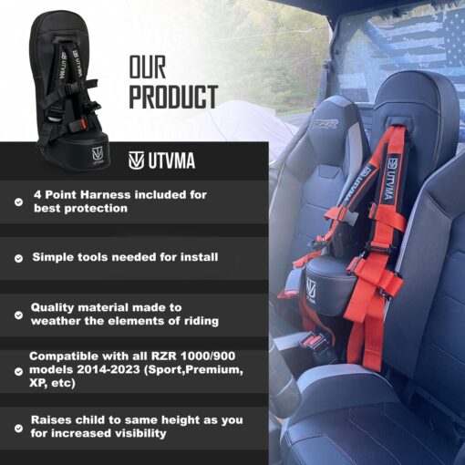 UTVMA RZR 1000 and 900 (2014-2023) Bump Seat with 4-Point Harness | Kids Seat | Jump Seat | All Models (XP, Turbo, Turbo S, High Lifter, Sport, Premium, Ultimate) (Black) - Image 8