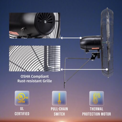 Tornado 24 Inch Pro Series High-Velocity Oscillating Wall Fan – 3-Speed, 7600 CFM, 6.6 FT Cord – UL Safety Certified for Commercial & Industrial Use - Image 4