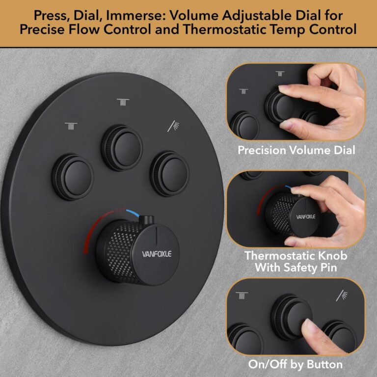 VANFOXLE Thermostatic Shower Faucet Set Matte Black Shower System,Push Button Diverter Shower Faucet with 2 in 1 Handheld, Wall Mount 12 Inch Shower Head with 6 Inch Shower Head - Image 4