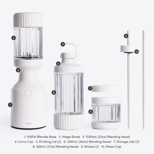 Beast Mega 1200 | Premium Countertop Blender | Smoothies, Shakes, Sauces, Dips, Soups | Blends Ice and Frozen Fruit | XL Vessel | Extra Vessels, Straw System Included | 1200W | (Cloud White, 120V) - Image 2