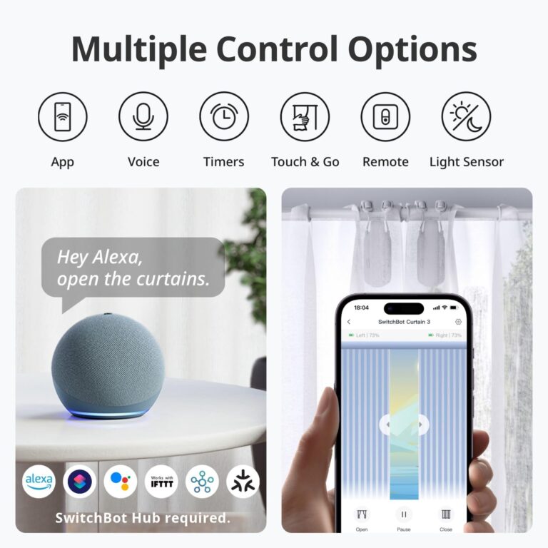 SwitchBot Smart Automatic Curtain Opener 2 Pack with Hub 2 - WiFi Remote Control with App/Timer, Performance Upgrade, WiFi Thermometer Hygrometer, Support Matter, Work with Alexa, Google Home, HomeKit - Image 6