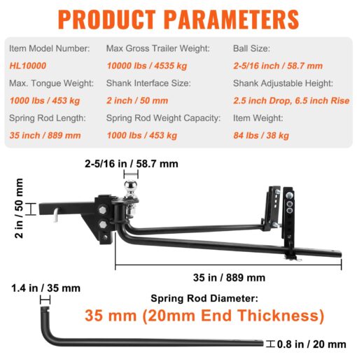 VEOVR Weight Distribution Hitch, 1,000 lbs Weight Distributing Hitches Kit with Sway Control for Trailer, 2-in Solid Steel Shank, 2-5/16 in Alloy Steel Ball, Powder Coated Load Leveling Hitch, Black - Image 2