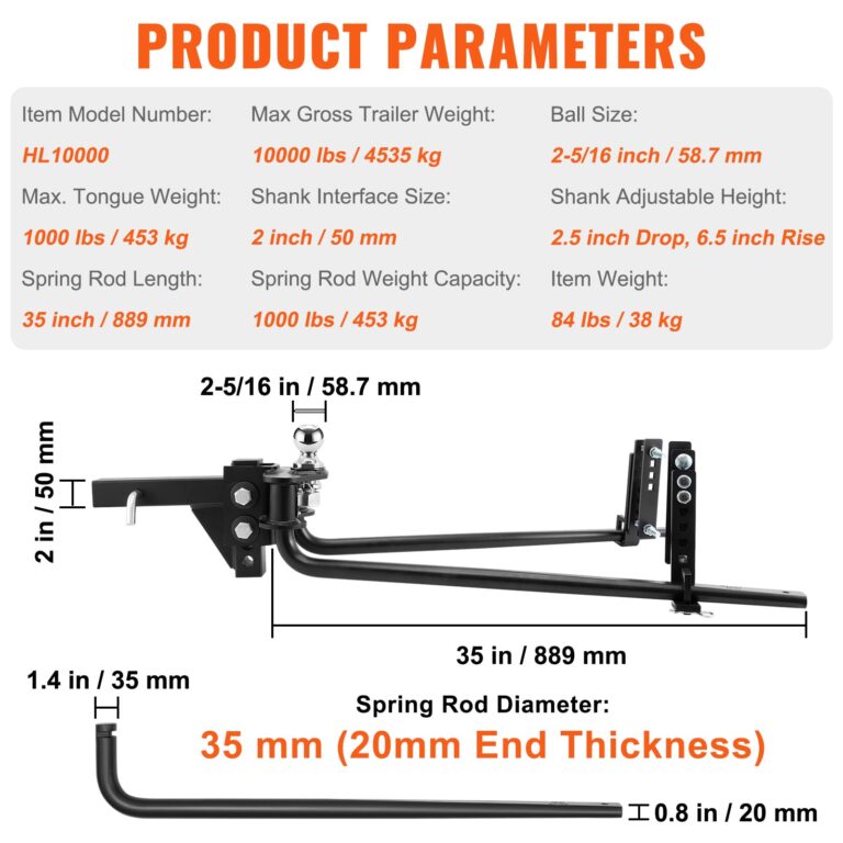 VEOVR Weight Distribution Hitch, 1,000 lbs Weight Distributing Hitches Kit with Sway Control for Trailer, 2-in Solid Steel Shank, 2-5/16 in Alloy Steel Ball, Powder Coated Load Leveling Hitch, Black - Image 2