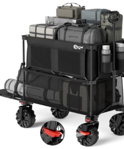 PORTAL 400L Large Capacity Collapsible Double Decker Wagon with Brakes, 450LB Heavy Duty Folding Cart with Tailgate, Foldable Utility Wagons for Camping, Beach, Garden, Sports, Shopping