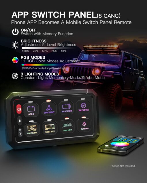 RGB 8 Gang Switch Panel, Marine Switch Panel Box, Multifunction Offroad Light Switch Panel, Wireless Auxiliary LED Switch Pod for 12V/24V Car Truck Jeep SUV Boat Marine, Waterproof, Phone Control - Image 6