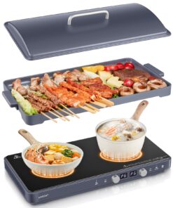 Double Induction Cooktops, Induction Cooktop 2 Burners with Removable Iron Cast Griddle Pan Non-stick, Sensor Touch 8 Power Levels, Independent Temperature Control