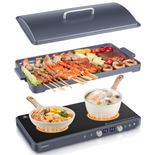 Double Induction Cooktops, Induction Cooktop 2 Burners with Removable Iron Cast Griddle Pan Non-stick, Sensor Touch 8 Power Levels, Independent Temperature Control