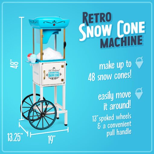 Nostalgia Snow Cone Shaved Ice Machine - Retro Cart Slushie Machine Makes 48 Icy Treats - Includes Metal Scoop, Storage Compartment, Wheels for Easy Mobility - White, Blue - Image 5