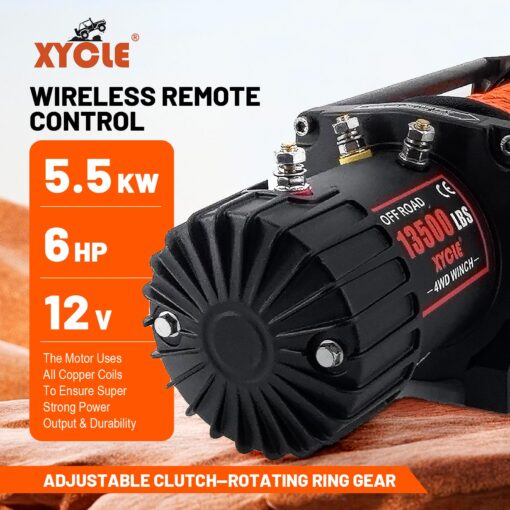 Winch 13500 lbs 12V Waterproof Electric Winch Synthetic Rope Electric Winch Towing Winch Boat Trailer Winch SUV 4-Wheel Drive Off-Road Vehicle with Remote Control 3/8 Synthetic Rope (Dark-Orange) - Image 2