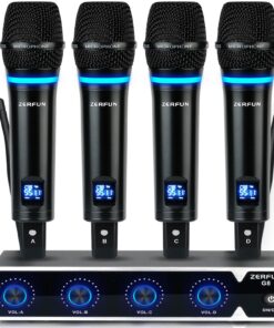 ZERFUN 4 Channel Rechargeable Wireless Microphone System, Pro UHF Metal Handheld Wireless Microphones Cordless Mics for Karaoke Singing Church with VOL Control, 4x50 Adjustable Frequency(G8)