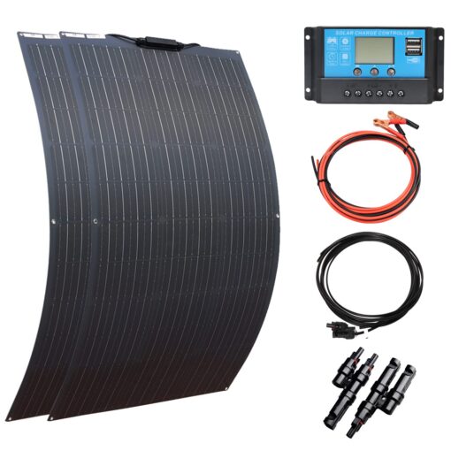 XINPUGUANG Flexible Solar Panel 100W,200W 12V Solar Panel Kit Monocrystalline Module,20A Charge Controller, Extension Cable，Alligator Clip Cable for Outdoor Off Grid Boat rv Trailer (200W)
