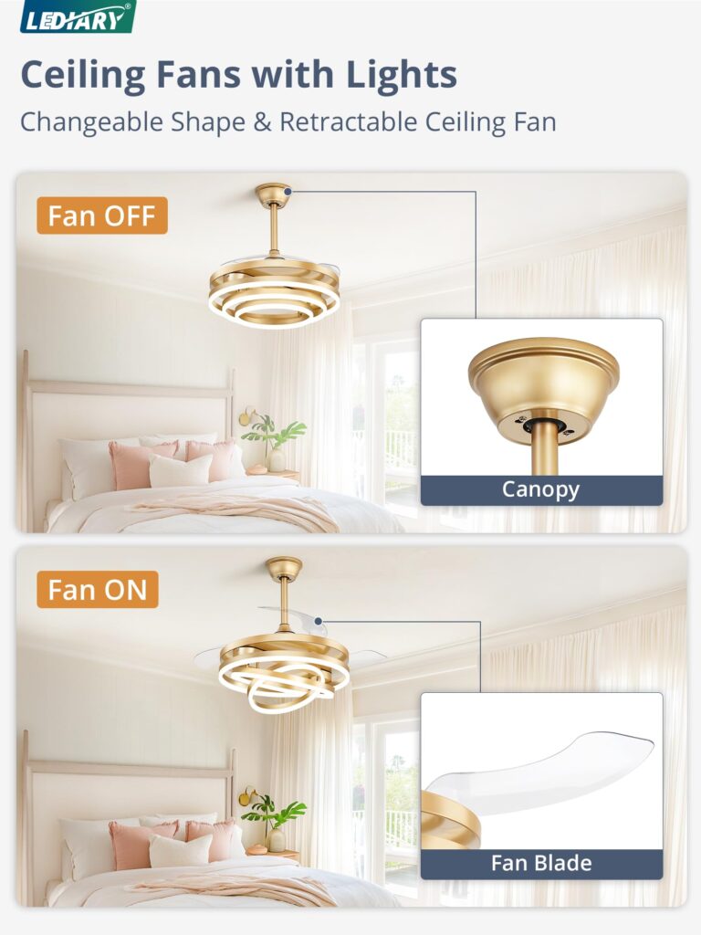 LEDIARY 42 Inch Retractable Ceiling Fan with Lights, Fandelier Ceiling Fan with 6 Speeds,3000K-6000K Adjustable,and DC Motor,Chandelier Ceiling Fans with Lights and Remote for Bedroom Living Room,Gold - Image 4
