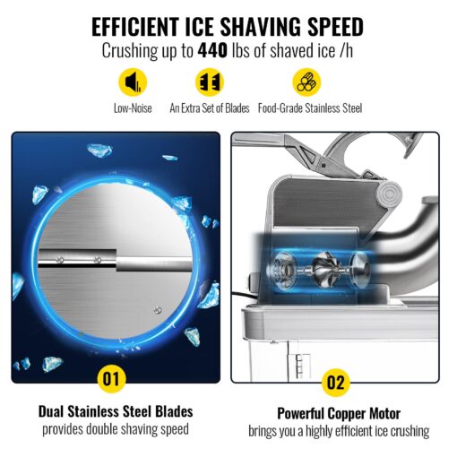 VEVOR 110V Commercial Ice Crusher 661LBS/H, ETL Approved 300W Electric Snow Cone Machine with Dual Blades, Stainless Steel Shaved Ice Machine with Safety On/Off Switch for Family, Restaurants, Bars - Image 8