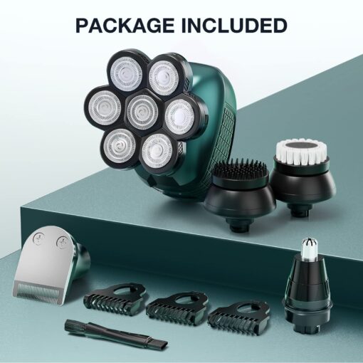Head Shaver 7D, Wyklaus Head Shavers for Bald Men, Head Electric Razor with Nose Hair Trimmer, Waterproof Wet Dry Mens Grooming Kit, Anti-Pinch (Green) - Image 2