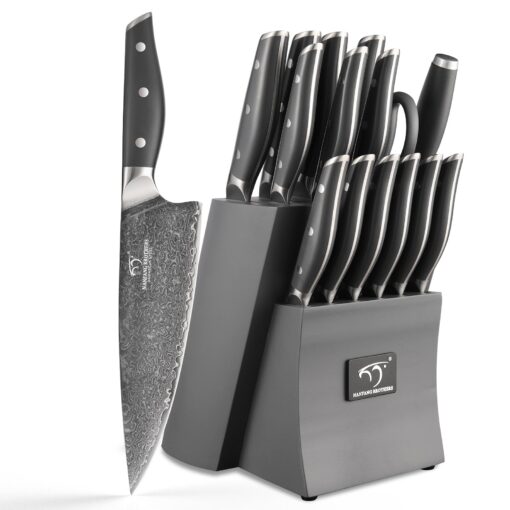NF NANFANG BROTHERS Knife Set, 16-Pieces Damascus Kitchen Knife Set with Block, ABS Ergonomic Handle for Chef Knife Set, Carving Fork, Disconnect-type Knife Block Set (Gray)