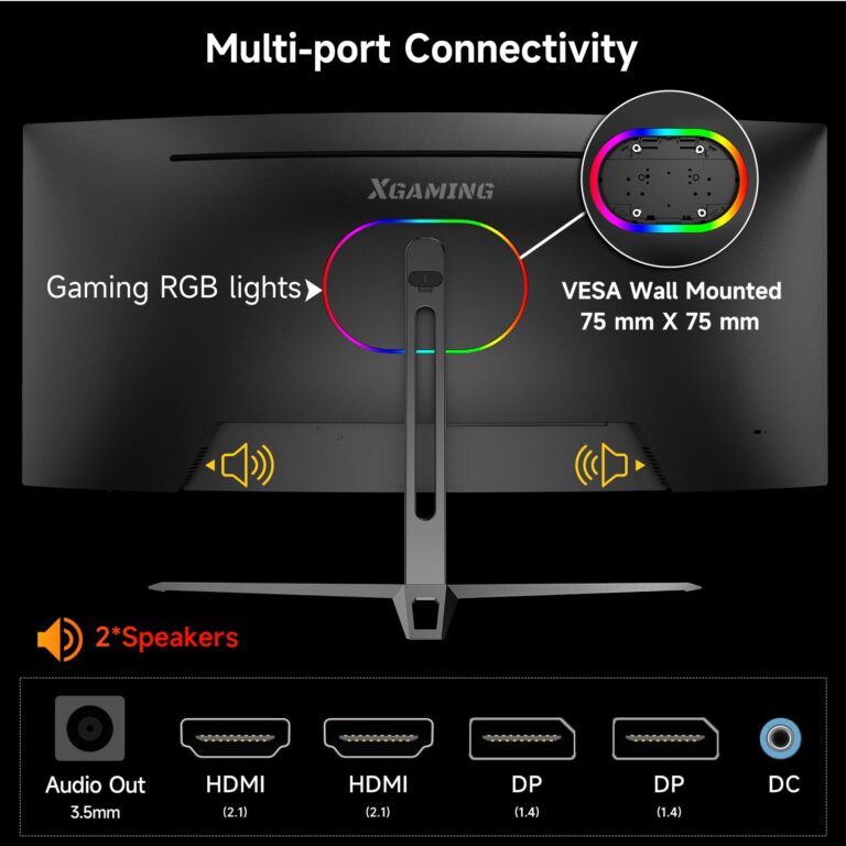XGaming 34 Inch Curved Monitor, Ultra Wide QHD 1440p Gaming Screen 180Hz, 100% sRGB, 1MS, FreeSync, HDMI DP Computer Display Built-in Speakers, 1500R WQHD 3440x1440 with Back RGB Lights - Image 5