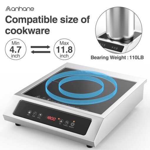 Commercial Induction Cooktop Portable Burner 1800W,ANHANE Induction Hot Plate,Electric for Cooking Countertop Stainless Steel, 9 Temp Levels,3 Hours Timer,Auto-Shut-Off,Touch Panel,Child Safety Lock - Image 5