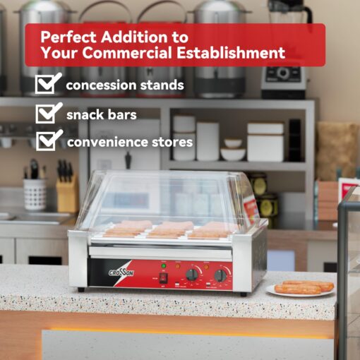 CROSSON Hot Dog 9 Roller Grill Cooker Machine with Transparent Sneeze Guard,9 Nonstick 304SS Rollers and Dual Temp Control,Commercial Hot Dog Cooker Machine-120V, 1350W - Image 5