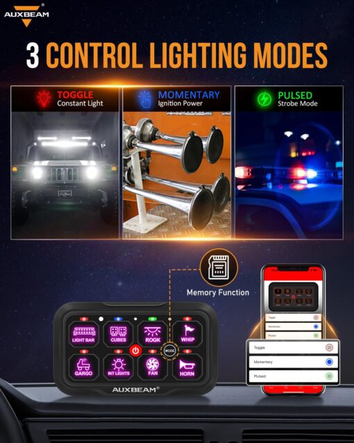 Auxbeam 8 Gang Switch Panel Bluetooth AR-800 RGB Switch Pod with Backlit Off Toggle Momentary Pulsed Auxiliary Switch Panel for Truck SUV ATV Marine RV Multifunction 12-24V Waterproof 2 Years Warranty - Image 6