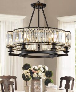 yomay Vintage Crystal Chandelier Black 6 Lights Hanging Ceiling Light Fixture Iron Frame Pendant Lighting for Farmhouse Decoration Dining Table Living Room