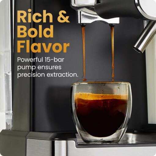Chefman CaféMaster Pro Espresso Machine, Brew Single or Double Shots, Coffee Maker with Built-In Milk Frother for Cappuccino & Latte, XL 1.8 Liter Removable Water Reservoir - Stainless Steel - Image 7
