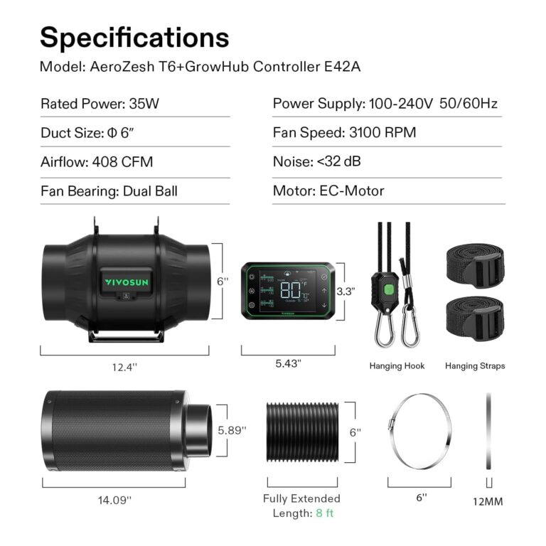 VIVOSUN Smart Air Filtration PRO T6 Kit 6", AeroZesh T6 Inline Duct Fan w/GrowHub E42A Temp. Humidity WiFi-Controller, Carbon Filter & Ducting, Cooling & Ventilation System for Grow Tent, Hydroponics - Image 2
