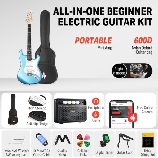 Donner DST-100T 39 Inch Electric Guitar Beginner Kit Solid Body Full Size Lake Blue HSS Pick Up for Starter, with Amplifier, Bag, Digital Tuner, Capo, Strap, String,Cable, Picks - Image 6