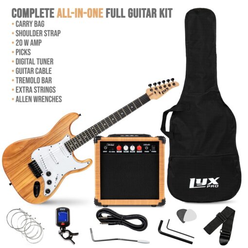 LyxPro Electric Guitar 39" inch Full Beginner Starter kit Full Size with 20w Amp, Package Includes All Accessories, Digital Tuner, Strings, Picks, Tremolo Bar, Shoulder Strap, and Case Bag - Natural - Image 7