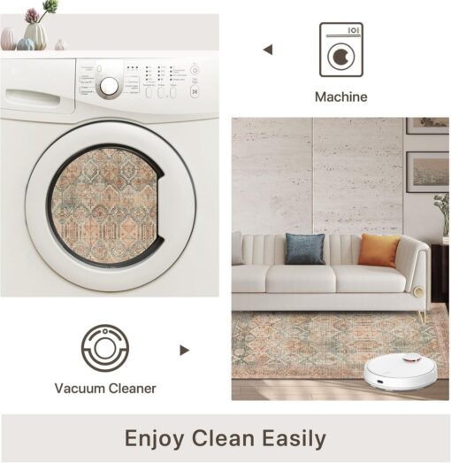 Bavni Area Rug 9X12 Machine Washable Vintage Distressed Print Ultra-Thin Chenille Hallway Bedroom Kitchen Entrance Accent Rug, Low Pile Lightweight Non Slip with Gripper, Clay - Image 5