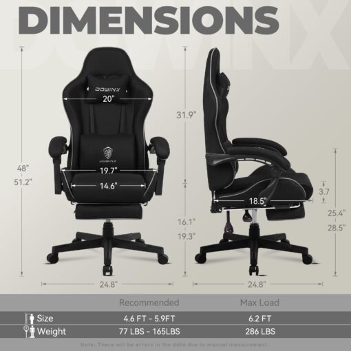 Dowinx Gaming Chair Fabric with Pocket Spring Cushion, Massage Game Chair Cloth with Headrest, Ergonomic Computer Chair with Footrest 290LBS, Black - Image 3
