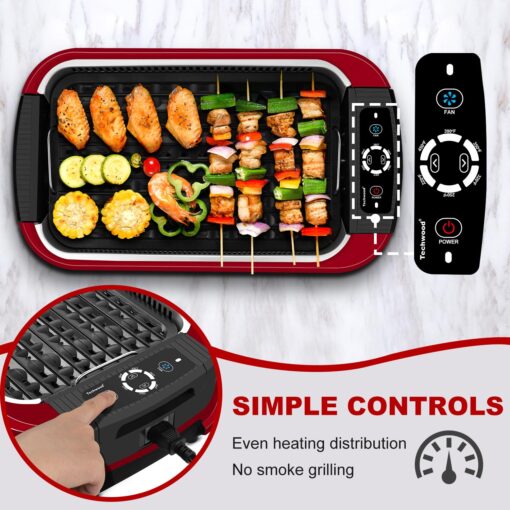 Indoor Smokeless Grill, Techwood 1500W Electric Indoor Grill with Tempered Glass Lid, Portable Non-stick BBQ Korean Grill, Turbo Smoke Extractor Technology, Drip Tray& Double Removable Plate, Red - Image 5