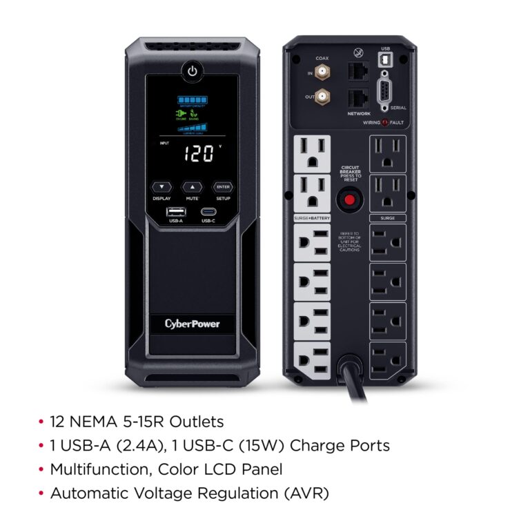 CyberPower CP1350AVRLCD3 Intelligent LCD UPS System, 1350VA/815W, 12 Outlets, 2 USB Ports, AVR, Mini Tower, Black - Image 4