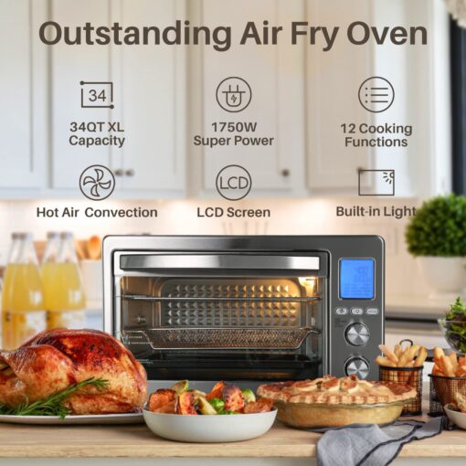 Air Fryer Oven Combo, 34QT Extra Large 1750W Toaster, 12" Pizza Convection Countertop, 12-in-1 Large Rotisserie With 4 Accessories, Stainless Steel, Silver - Image 7
