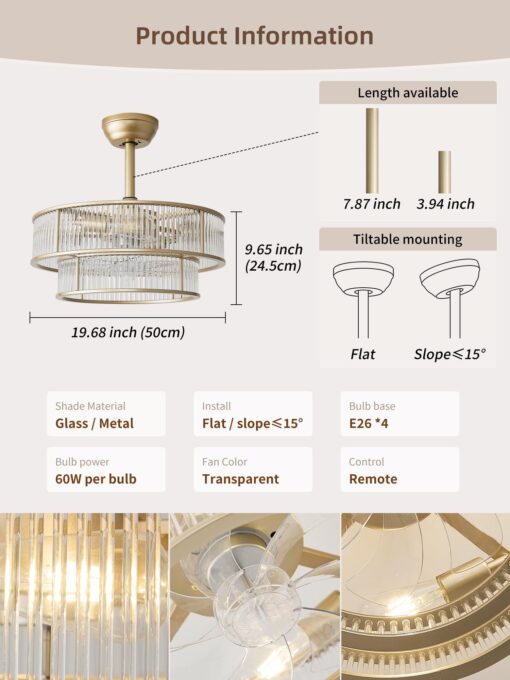YADZSLY Gold Fandelier Ceiling Fans with Lights, 20" Gold Crystal Chandelier Ceiling Fan with Light Remote Control, Caged Mid Century with 6 Speeds for Bedroom, Living Room, Nursery - Image 7