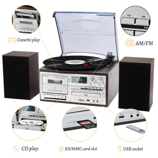 3-Speed Turntable 10 in 1Record Player with Bluetooth, AM/FM Radio, USB/SD/MMC, CD/Cassette Playback, Remote Control, and 2 External Speakers – Great for Gifting - Image 5
