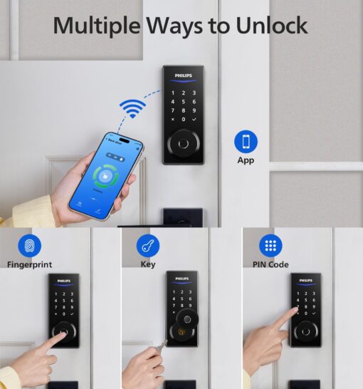 Philips Wi-Fi Smart Door Lock, Keyless Entry Door Lock with App Control,Fingerprint ID,Auto Lock,Keypad Deadbolt with Wi-Fi Bridge Adaptor,Smart Locks for Front Door-Matte Black - Image 8