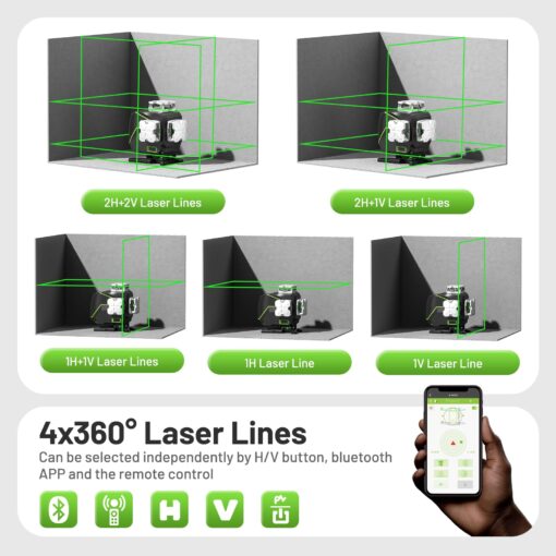 Huepar Laser Level 360 Self Leveling, 4x360° Green Cross Line Laser with LCD Screen, 4D Bluetooth Outdoor Pulse Mode Laser Tool for Construction -Remote Control, Li-ion Battery or 4 AA Batteries-S04CG - Image 3