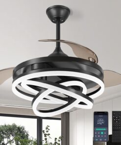TXCSLY Retractable Ceiling Fan, 42 Inch Chandelier Ceiling Fan with Light, Modern Fandelier Ceiling Fan for Bedroom Living Room Dinning Room, Reverse Motor, 3 Color Temperature, 6 Wind Speed, Black