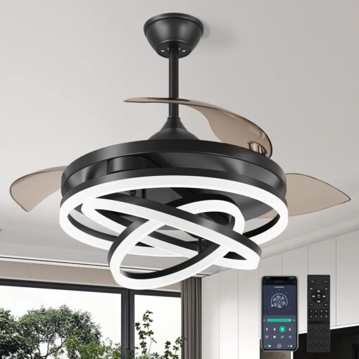 TXCSLY Retractable Ceiling Fan, 42 Inch Chandelier Ceiling Fan with Light, Modern Fandelier Ceiling Fan for Bedroom Living Room Dinning Room, Reverse Motor, 3 Color Temperature, 6 Wind Speed, Black
