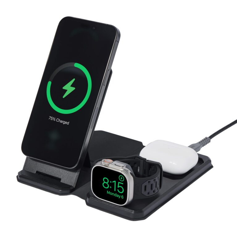 UAG SRGE 3-in-1 Travel Desktop Charger 15W Foldable Wireless Charging Station Compatible with MagSafe for iPhone 15, AirPods, Apple Watch, Black/Gray (25W USB-C PD Charger & Global Adapter Included) - Image 6