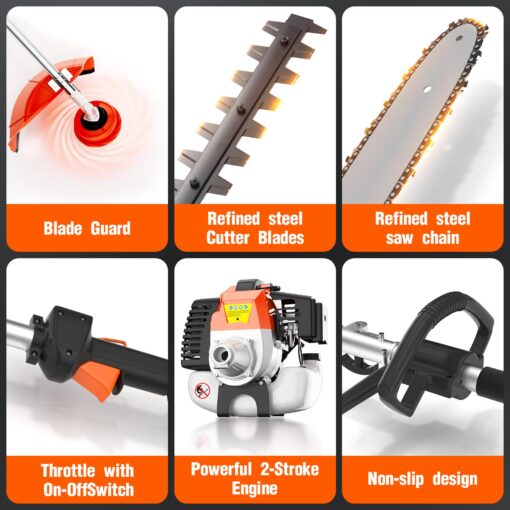 52cc 6 in 1 2-Stroke Gas String Trimmer with Gas Hedge Trimmer,Brush Cutter Gas Powered,Gas Weed Eater for Weeds and Grass - Image 6