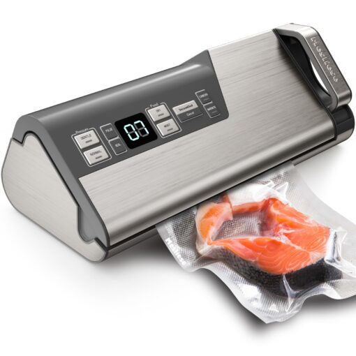 Mesliese Vacuum Sealer Machine, 95kPa 140W One Hand Operation Food Sealer, Double Seal Strip with Build-in Cutter & Countdown Display, 2 Bag Rolls, 5PCS Pre-cut Bags