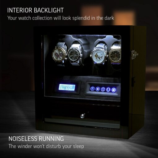 4 Watch Winder with 5 Watch Storage Space, LCD Display, Touch Control and Interior Light (Ebony + Black Velvet) - Image 7