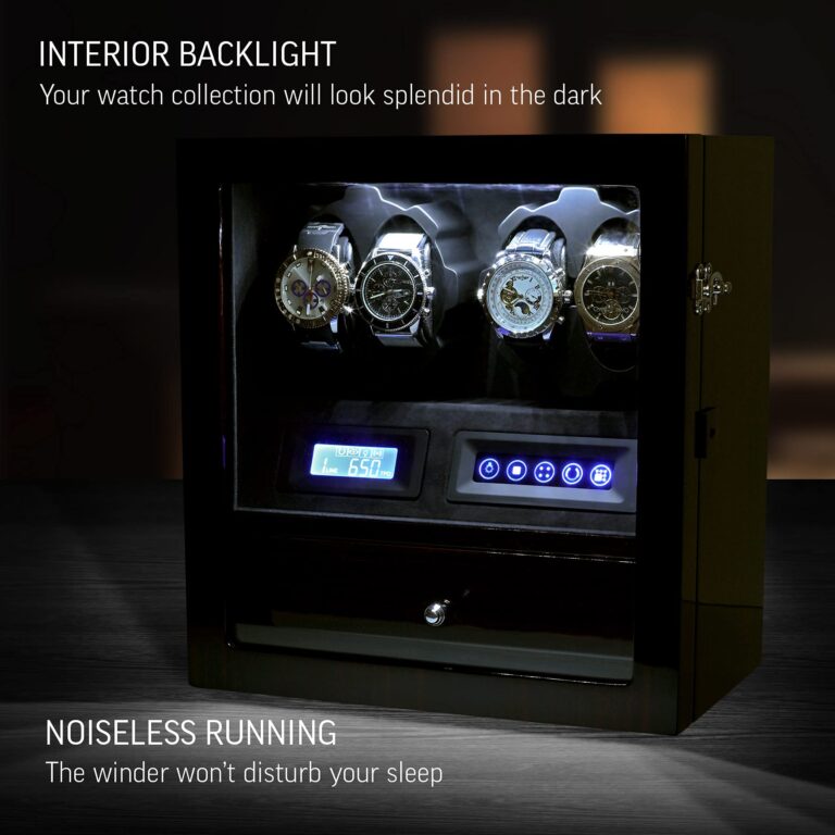 4 Watch Winder with 5 Watch Storage Space, LCD Display, Touch Control and Interior Light (Ebony + Black Velvet) - Image 7