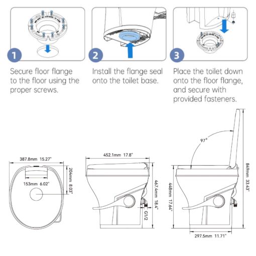 SEAFLO Residential Height Camper/RV Toilet with Sprayer Attachment, 18.5” Standard Height, Gravity Flush System, Foot Pedal Operation, Soft Close Seat, 4-Year Warranty (With Sprayer Attachment) - Image 2