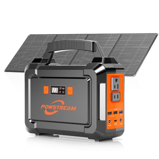 POWSTREAM 300W Solar Powered Generator 296Wh Portable Power Station with Solar Panel Foldable 60W Included, Battery Charger Power Bank with AC Outlet for RV Trip Camping Emergency Home Outage CPAP